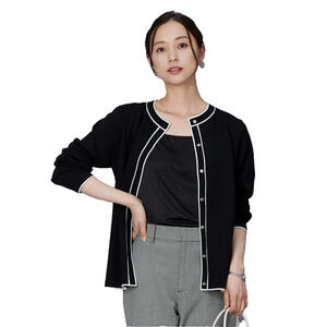 Misook Woman’s Black Knit Cardigan Jacket Plus 1X Button Front White Trim